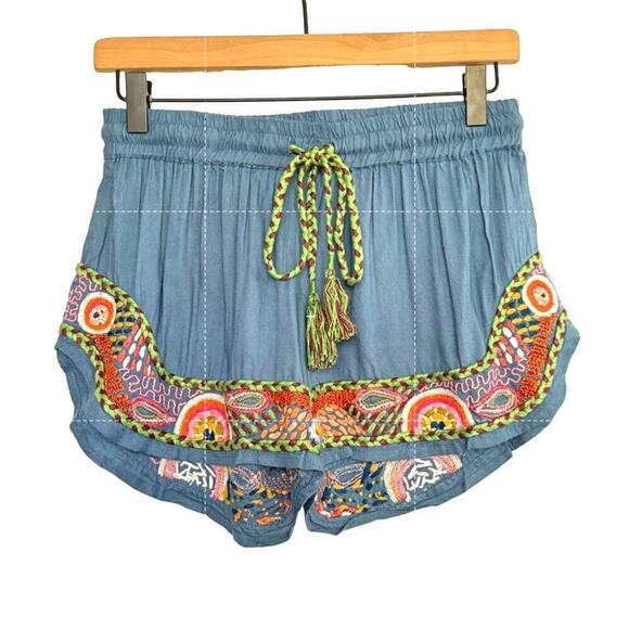 Raga Anthropologie Shorts Embroidered‎ Pull On Blue Boho Size S NEW - Picture 1 of 11